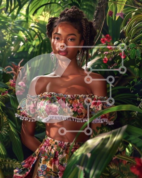 Intra Συλλεκτικό Ξύλινο Παζλ Plywood  4mm - Νεαρή γυναίκα με λουλουδάτο ντύσιμο ανάμεσα σε πλούσιο τροπικό φύλλωμα Σε Ξύλινο Κουτί - Διαστάσεις Puzzle: 10x10 cm – 25 κομμάτια