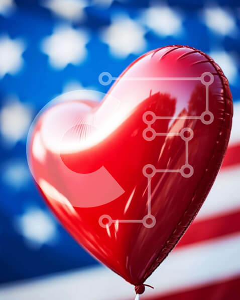 Intra Συλλεκτικό Ξύλινο Παζλ Plywood  4mm - Κόκκινο μπαλόνι σε σχήμα καρδιάς σε φόντο αμερικανικής σημαίας Σε Ξύλινο Κουτί - Διαστάσεις: 10x10 cm – 25 κομμάτια