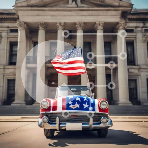 Intra Συλλεκτικό Ξύλινο Παζλ Plywood  4mm - Vintage αμερικανικό αυτοκίνητο με πατριωτική διακόσμηση Σε Ξύλινο Κουτί - Διαστάσεις Puzzle: 10x10 cm – 25 κομμάτια