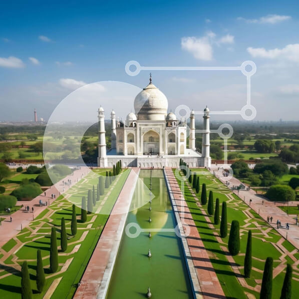 Intra Συλλεκτικό Ξύλινο Παζλ Plywood  4mm - Εναέρια άποψη του Ταζ Μαχάλ στην Άγκρα, Ινδία με επισκέπτες και πράσινο Σε Ξύλινο Κουτί - Διαστάσεις Puzzle: 10x10 cm – 25 κομμάτια