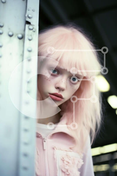 Intra Συλλεκτικό Ξύλινο Παζλ Plywood  4mm - Νεαρή γυναίκα με ροζ μαλλιά που στέκεται δίπλα στο σιδερένιο κιγκλίδωμα Σε Ξύλινο Κουτί - Διαστάσεις Puzzle: 10x10 cm – 25 κομμάτια