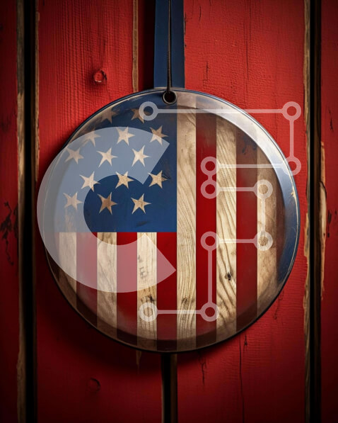 Intra Συλλεκτικό Ξύλινο Παζλ Plywood  4mm - Μενταγιόν σε σχήμα αμερικανικής σημαίας σε κόκκινο ξύλινο τοίχο Σε Ξύλινο Κουτί - Διαστάσεις: 10x10 cm – 25 κομμάτια