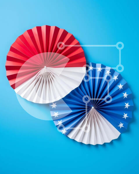 Intra Συλλεκτικό Ξύλινο Παζλ Plywood  4mm - Βεντάλια από χαρτί με αμερικανικές σημαίες σε μπλε φόντο Σε Ξύλινο Κουτί - Διαστάσεις Puzzle: 10x10 cm – 25 κομμάτια