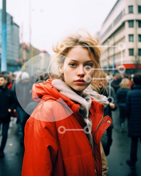 Intra Συλλεκτικό Ξύλινο Παζλ Plywood  4mm - Νεαρή γυναίκα με πορτοκαλί σακάκι στην πολυσύχναστη οδό Σε Ξύλινο Κουτί - Διαστάσεις Puzzle: 10x10 cm – 25 κομμάτια