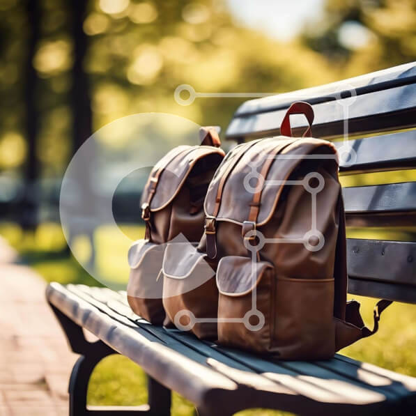 Intra Συλλεκτικό Ξύλινο Παζλ Plywood  4mm - Δύο καφέ σακίδια πλάτης σε ξύλινο πάγκο στο πάρκο Σε Ξύλινο Κουτί - Διαστάσεις Puzzle: 10x10 cm – 25 κομμάτια