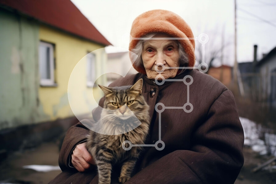 Intra Συλλεκτικό Ξύλινο Παζλ Plywood  4mm - Ηλικιωμένη γυναίκα που κρατά τη γάτα στην αγκαλιά Σε Ξύλινο Κουτί - Διαστάσεις Puzzle: 10x10 cm – 25 κομμάτια