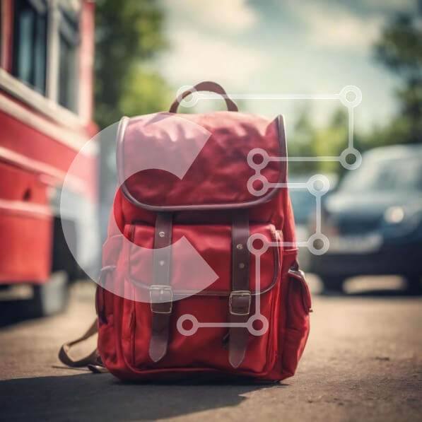 Intra Συλλεκτικό Ξύλινο Παζλ Plywood  4mm - Κόκκινο σακίδιο πλάτης σε αστικό περιβάλλον με αυτοκίνητα και λεωφορεία Σε Ξύλινο Κουτί - Διαστάσεις: 10x10 cm – 25 κομμάτια