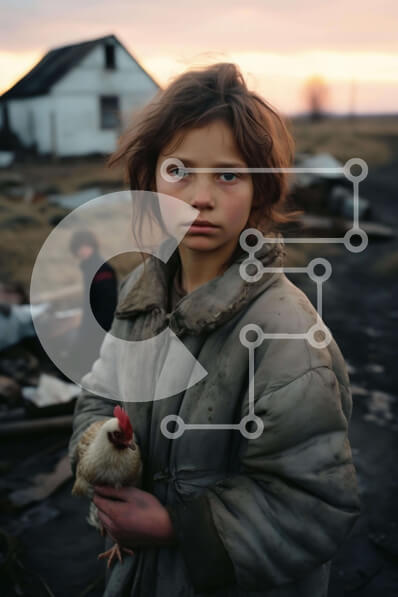 Σετ των 2 Intra Συλλεκτικό Ξύλινο Παζλ Plywood  4mm - Νεαρό κορίτσι και κοτόπουλο μπροστά από το εγκαταλελειμμένο σπίτι Σε Ξύλινο Κουτί - Διαστάσεις: 10x10 cm – 25 κομμάτια