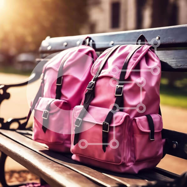 Intra Συλλεκτικό Ξύλινο Παζλ Plywood  4mm - Δύο ροζ σακίδια πλάτης σε έναν ξύλινο πάγκο στο πάρκο Σε Ξύλινο Κουτί - Διαστάσεις Puzzle: 10x10 cm – 25 κομμάτια