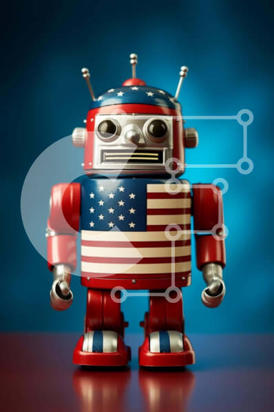 Intra Συλλεκτικό Ξύλινο Παζλ Plywood  4mm - Ρομπότ με αμερικανική σημαία σε μπλε φόντο Σε Ξύλινο Κουτί - Διαστάσεις: 10x10 cm – 25 κομμάτια