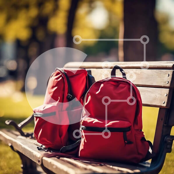 Intra Συλλεκτικό Ξύλινο Παζλ Plywood  4mm - Κόκκινα σακίδια πλάτης στο πάρκο Σε Ξύλινο Κουτί - Διαστάσεις Puzzle: 10x10 cm – 25 κομμάτια