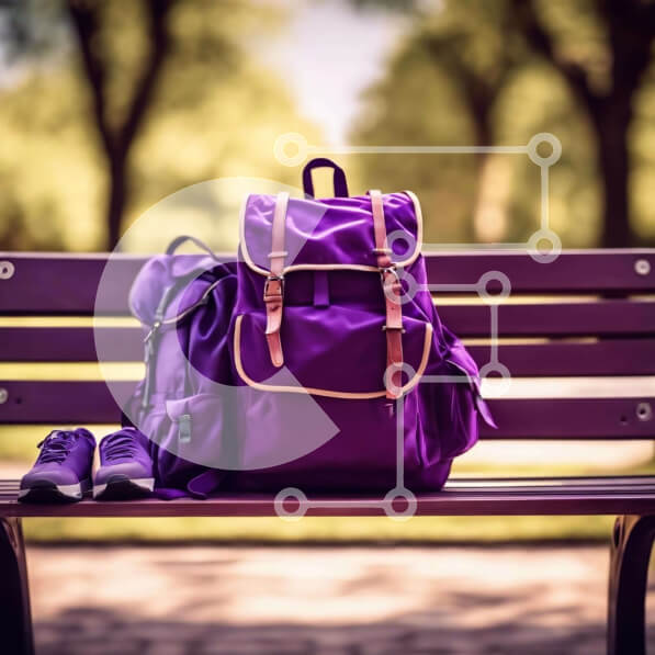 Intra Συλλεκτικό Ξύλινο Παζλ Plywood  4mm - Πάγκος με μωβ σακίδια πλάτης και αθλητικά παπούτσια στο πάρκο Σε Ξύλινο Κουτί - Διαστάσεις Puzzle: 10x10 cm – 25 κομμάτια