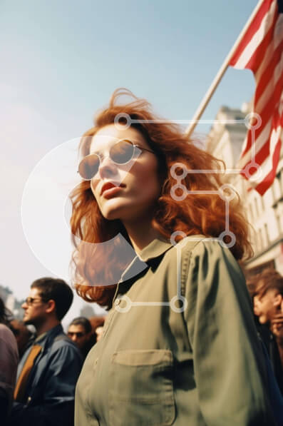 Intra Συλλεκτικό Ξύλινο Παζλ Plywood  4mm - Γυναίκα με κόκκινα μαλλιά μπροστά από την αμερικανική σημαία Σε Ξύλινο Κουτί - Διαστάσεις Puzzle: 10x10 cm – 25 κομμάτια