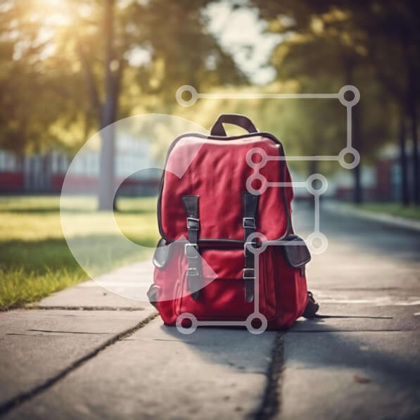 Intra Συλλεκτικό Ξύλινο Παζλ Plywood  4mm - Κόκκινο σακίδιο πλάτης στο πεζοδρόμιο μπροστά από δέντρα Σε Ξύλινο Κουτί - Διαστάσεις: 10x10 cm – 25 κομμάτια