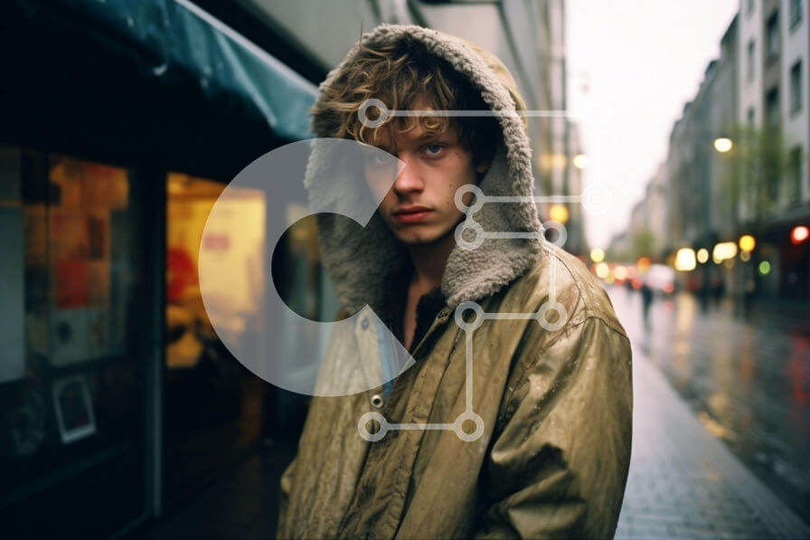 Intra Συλλεκτικό Ξύλινο Παζλ Plywood  4mm - Νεαρός άνδρας στην αστική περιοχή με οχήματα Σε Ξύλινο Κουτί - Διαστάσεις Puzzle: 10x10 cm – 25 κομμάτια