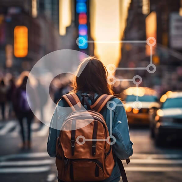 Intra Συλλεκτικό Ξύλινο Παζλ Plywood  4mm - Γυναίκα που διασχίζει την οδό της πόλης με το σακίδιο πλάτης Σε Ξύλινο Κουτί - Διαστάσεις Puzzle: 10x10 cm – 25 κομμάτια