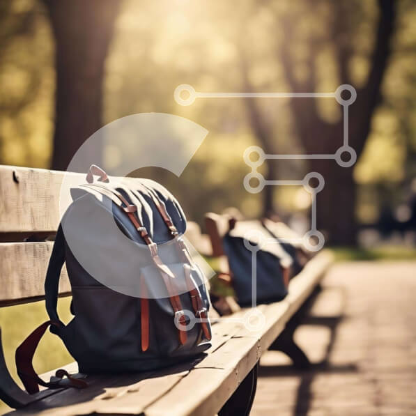 Intra Συλλεκτικό Ξύλινο Παζλ Plywood  4mm - Σακίδια πλάτης σε ξύλινο πάγκο στο πάρκο Σε Ξύλινο Κουτί - Διαστάσεις Puzzle: 10x10 cm – 25 κομμάτια