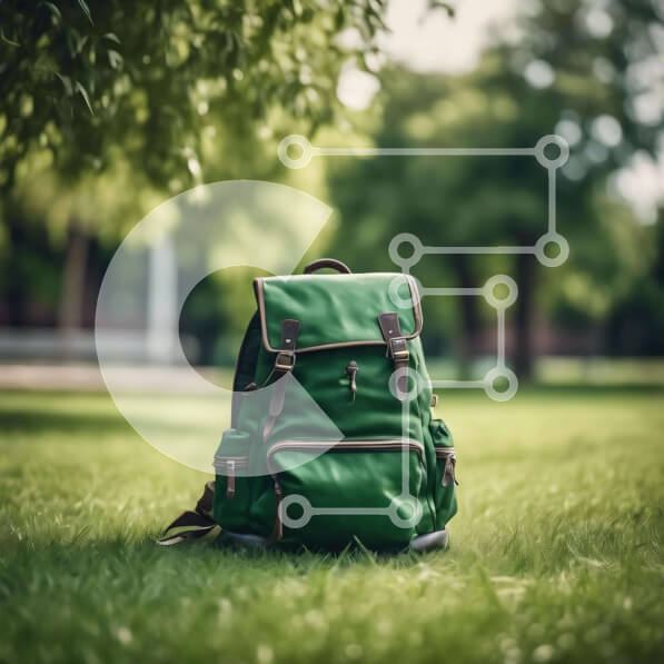 Intra Συλλεκτικό Ξύλινο Παζλ Plywood  4mm - Πράσινο σακίδιο πλάτης στο γρασίδι μπροστά από τα δέντρα Σε Ξύλινο Κουτί - Διαστάσεις: 10x10 cm – 25 κομμάτια