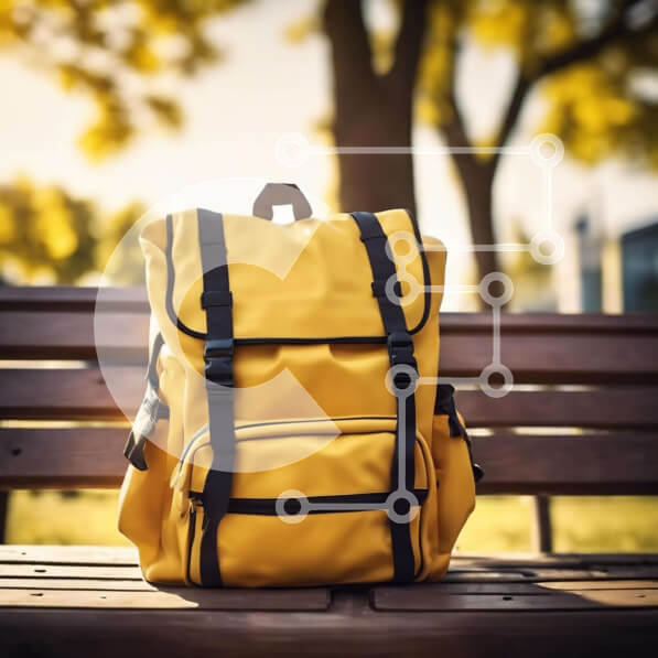 Intra Συλλεκτικό Ξύλινο Παζλ Plywood  4mm - Καλοδιατηρημένο κίτρινο σακίδιο πλάτης σε εξωτερικό πάγκο Σε Ξύλινο Κουτί - Διαστάσεις: 10x10 cm – 25 κομμάτια