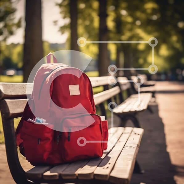 Intra Συλλεκτικό Ξύλινο Παζλ Plywood  4mm - Κόκκινο σακίδιο πλάτης στο πάρκο με μπουκάλια και κουτάκια Σε Ξύλινο Κουτί - Διαστάσεις Puzzle: 10x10 cm – 25 κομμάτια