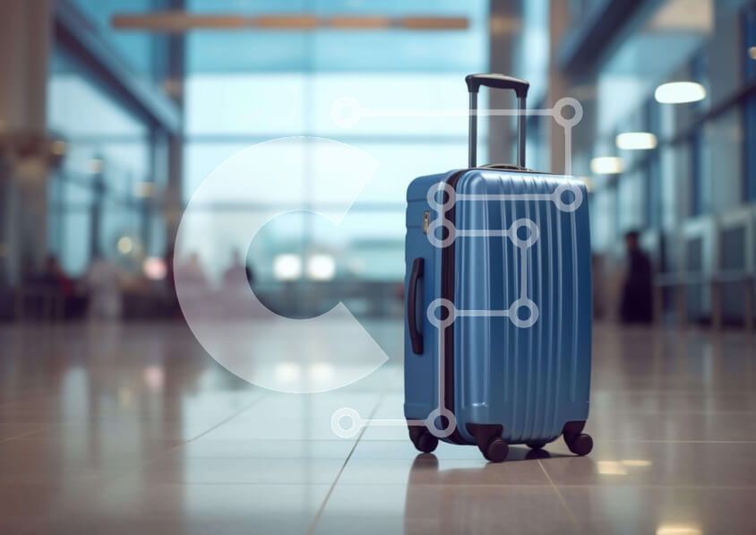 Intra Συλλεκτικό Ξύλινο Παζλ Plywood  4mm - Μπλε βαλίτσα στον τερματικό σταθμό του αεροδρομίου Σε Ξύλινο Κουτί - Διαστάσεις Puzzle: 10x10 cm – 25 κομμάτια