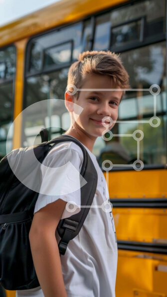 Intra Συλλεκτικό Ξύλινο Παζλ Plywood  4mm - Σκηνή νεαρού αγοριού και σχολικού λεωφορείου Σε Ξύλινο Κουτί - Διαστάσεις Puzzle: 10x10 cm – 25 κομμάτια