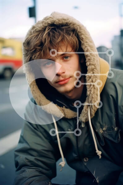 Intra Συλλεκτικό Ξύλινο Παζλ Plywood  4mm - Νεαρός άνδρας που κάθεται στο δρόμο με το σακάκι με κουκούλα Σε Ξύλινο Κουτί - Διαστάσεις Puzzle: 10x10 cm – 25 κομμάτια