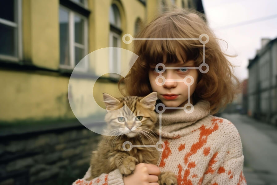 Intra Συλλεκτικό Ξύλινο Παζλ Plywood  4mm - Νεαρό κορίτσι που περπατά με την παιχνιδιάρικη γάτα Σε Ξύλινο Κουτί - Διαστάσεις Puzzle: 10x10 cm – 25 κομμάτια