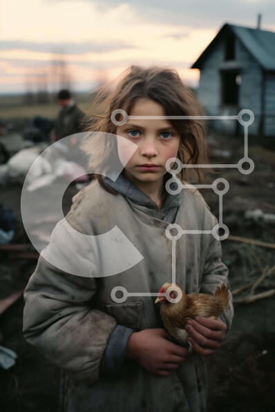 Intra Συλλεκτικό Ξύλινο Παζλ Plywood  4mm - Νεαρό κορίτσι με το κοτόπουλο μπροστά από το εγκαταλελειμμένο σπίτι Σε Ξύλινο Κουτί - Διαστάσεις Puzzle: 10x10 cm – 25 κομμάτια