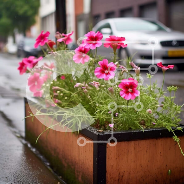 Intra Συλλεκτικό Ξύλινο Παζλ Plywood  4mm - Ροζ λουλούδια σε κουτί φυτευτών στο πεζοδρόμιο με διερχόμενα αυτοκίνητα Σε Ξύλινο Κουτί - Διαστάσεις: 10x10 cm – 25 κομμάτια