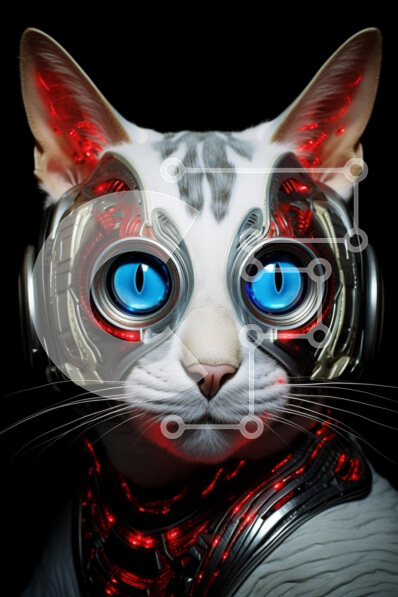 Σετ των 2 Intra Συλλεκτικό Ξύλινο Παζλ Plywood  4mm - Φουτουριστική λευκή γάτα με κόκκινα και μπλε μάτια Σε Ξύλινο Κουτί - Διαστάσεις: 10x10 cm – 25 κομμάτια