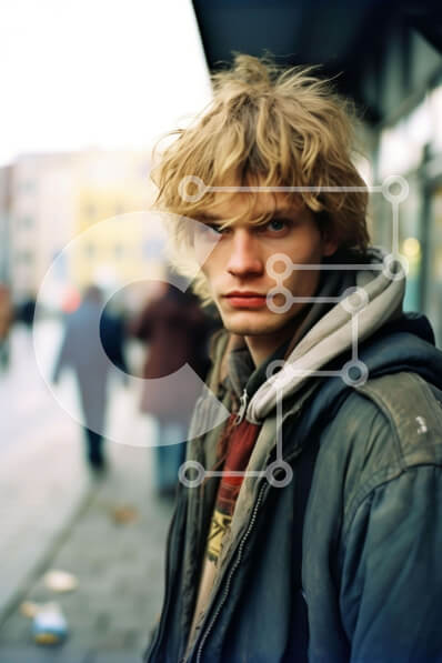 Intra Συλλεκτικό Ξύλινο Παζλ Plywood  4mm - Νεαρός άνδρας με υπερμεγέθη κουκούλα στο πεζοδρόμιο Σε Ξύλινο Κουτί - Διαστάσεις Puzzle: 10x10 cm – 25 κομμάτια