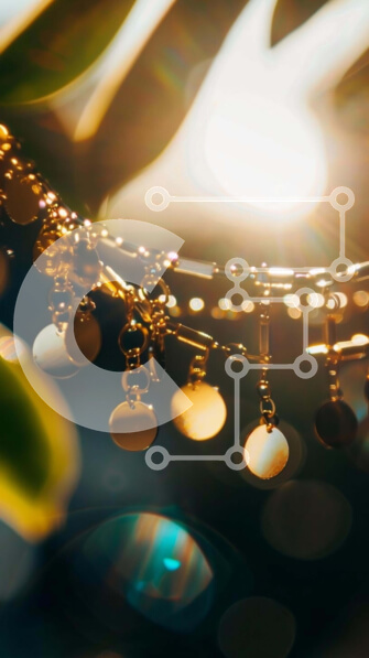 Intra Συλλεκτικό Ξύλινο Παζλ Plywood  4mm - Κοντινό πλάνο με χρυσά περιδέραια και βραχιόλια σε κατάφυτο φυτό Σε Ξύλινο Κουτί - Διαστάσεις Puzzle: 10x10 cm – 25 κομμάτια