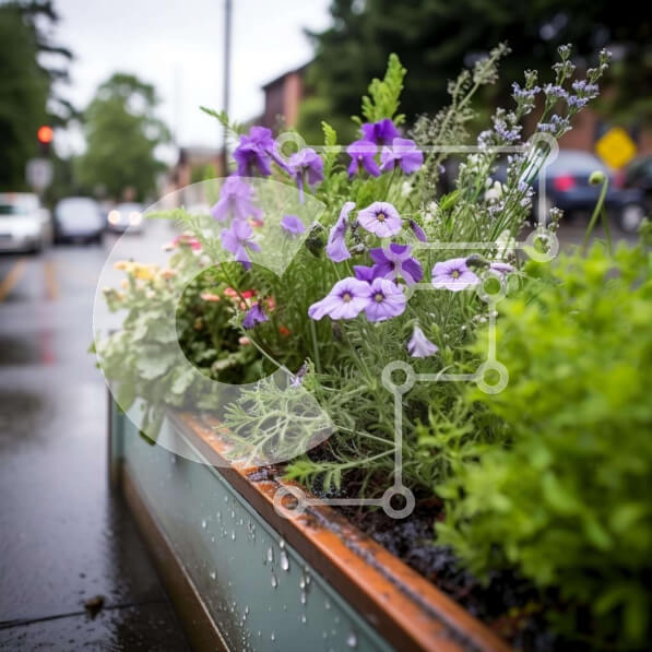 Intra Συλλεκτικό Ξύλινο Παζλ Plywood  4mm - Σειρά από μωβ λουλούδια σε υπαίθρια ζαρντινιέρα δίπλα στο δρόμο Σε Ξύλινο Κουτί - Διαστάσεις: 10x10 cm – 25 κομμάτια