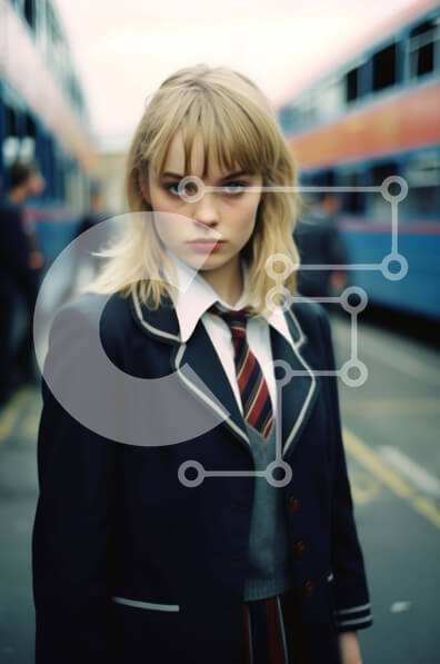 Intra Συλλεκτικό Ξύλινο Παζλ Plywood  4mm - Νεαρή γυναίκα με μαύρο κοστούμι και γραβάτα με λεωφορεία και οχήματα Σε Ξύλινο Κουτί - Διαστάσεις Puzzle: 10x10 cm – 25 κομμάτια