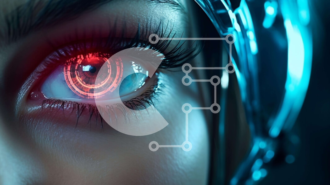 Intra Συλλεκτικό Ξύλινο Παζλ Plywood  4mm - Φουτουριστικό γυναικείο μάτι που λάμπει στο κόκκινο φως Σε Ξύλινο Κουτί - Διαστάσεις Puzzle: 10x10 cm – 25 κομμάτια