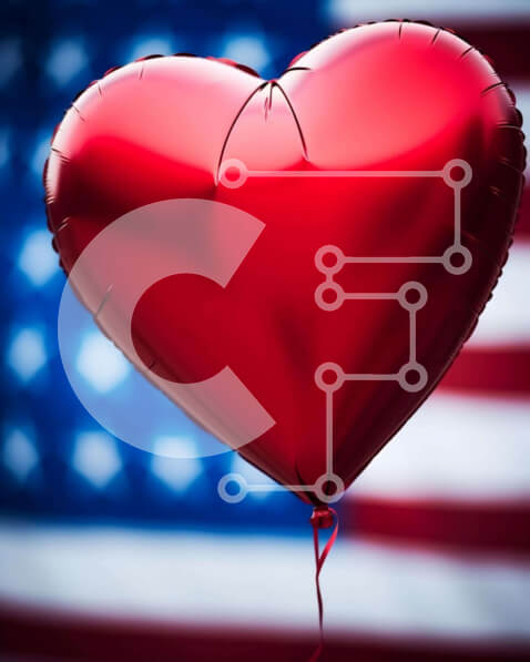 Intra Συλλεκτικό Ξύλινο Παζλ Plywood  4mm - Κόκκινο μπαλόνι σε σχήμα καρδιάς μπροστά από την αμερικανική σημαία Σε Ξύλινο Κουτί - Διαστάσεις: 10x10 cm – 25 κομμάτια