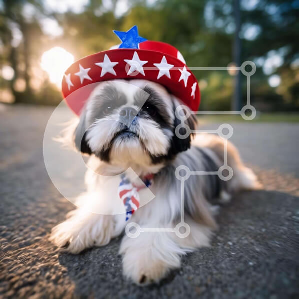 Intra Συλλεκτικό Ξύλινο Παζλ Plywood  4mm - Μικρό σκυλί που γιορτάζει την 4η Ιουλίου με καπέλο με θέμα την αμερικανική σημαία Σε Ξύλινο Κουτί - Διαστάσεις: 10x10 cm – 25 κομμάτια