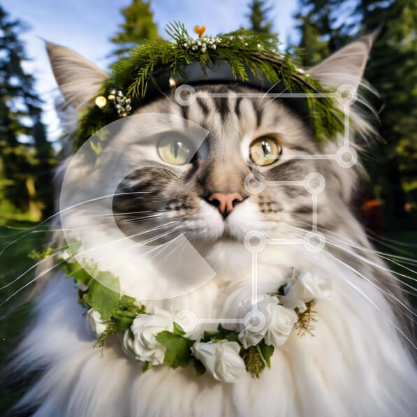 Intra Συλλεκτικό Ξύλινο Παζλ Plywood  4mm - Γκρι και άσπρη γάτα με ανθοσύνθεση στο κεφάλι Σε Ξύλινο Κουτί - Διαστάσεις: 10x10 cm – 25 κομμάτια