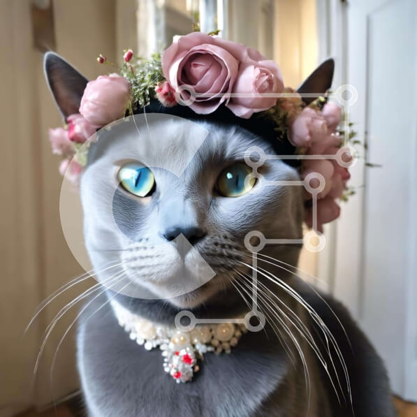 Intra Συλλεκτικό Ξύλινο Παζλ Plywood  4mm - Γκρι γάτα με κορώνα λουλουδιών και μαργαριτάρι κολιέ Σε Ξύλινο Κουτί - Διαστάσεις: 10x10 cm – 25 κομμάτια