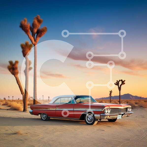 Intra Συλλεκτικό Ξύλινο Παζλ Plywood  4mm - Κλασικό κόκκινο αυτοκίνητο στην έρημο με τους φοίνικες Σε Ξύλινο Κουτί - Διαστάσεις Puzzle: 10x10 cm – 25 κομμάτια