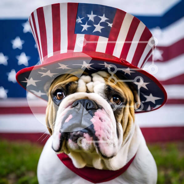 Intra Συλλεκτικό Ξύλινο Παζλ Plywood  4mm - Μπουλντόγκ φορώντας καπέλο με θέμα την αμερικανική σημαία μπροστά από το φόντο της αμερικανικής σημαίας Σε Ξύλινο Κουτί - Διαστάσεις: 10x10 cm – 25 κομμάτια