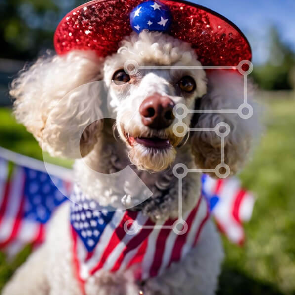 Intra Συλλεκτικό Ξύλινο Παζλ Plywood  4mm - Λευκό κανίς με καπέλο με θέμα την αμερικανική σημαία που κάθεται στο γρασίδι Σε Ξύλινο Κουτί - Διαστάσεις: 10x10 cm – 25 κομμάτια