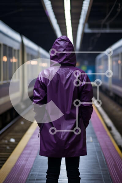 Intra Συλλεκτικό Ξύλινο Παζλ Plywood  4mm - Άτομο με μωβ μπουφάν βροχής στο σταθμό του μετρό Σε Ξύλινο Κουτί - Διαστάσεις Puzzle: 10x10 cm – 25 κομμάτια