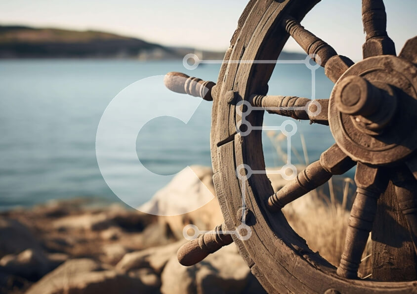 Intra Συλλεκτικό Ξύλινο Παζλ Plywood  4mm - Κοντινό πλάνο του παλαιού τιμονιού πλοίου σε βράχους Σε Ξύλινο Κουτί - Διαστάσεις Puzzle: 10x10 cm – 25 κομμάτια