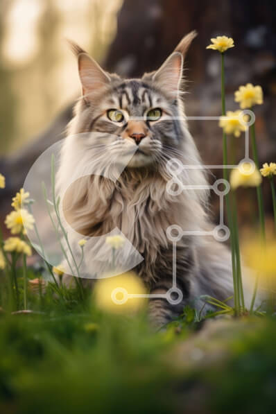 Σετ των 2 Intra Συλλεκτικό Ξύλινο Παζλ Plywood  4mm - Αφράτη γάτα που κάθεται στο γρασίδι κοντά σε κίτρινα λουλούδια Σε Ξύλινο Κουτί - Διαστάσεις: 10x10 cm – 25 κομμάτια