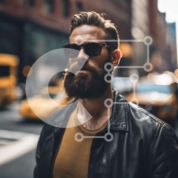 Intra Συλλεκτικό Ξύλινο Παζλ Plywood  4mm - Άνδρας στην Urban Street με γένια και γυαλιά ηλίου Σε Ξύλινο Κουτί - Διαστάσεις Puzzle: 10x10 cm – 25 κομμάτια