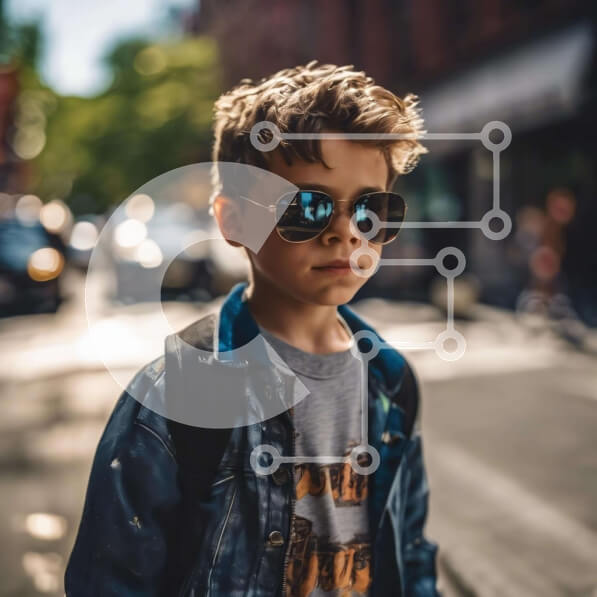 Intra Συλλεκτικό Ξύλινο Παζλ Plywood  4mm - Νεαρό αγόρι που φοράει γυαλιά ηλίου στο City Street Σε Ξύλινο Κουτί - Διαστάσεις Puzzle: 10x10 cm – 25 κομμάτια