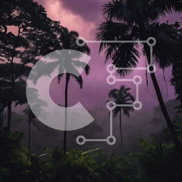 Intra Συλλεκτικό Ξύλινο Παζλ Plywood  4mm - Τροπικό δάσος με φοίνικες και πορφυρά σύννεφα Σε Ξύλινο Κουτί - Διαστάσεις: 10x10 cm – 25 κομμάτια