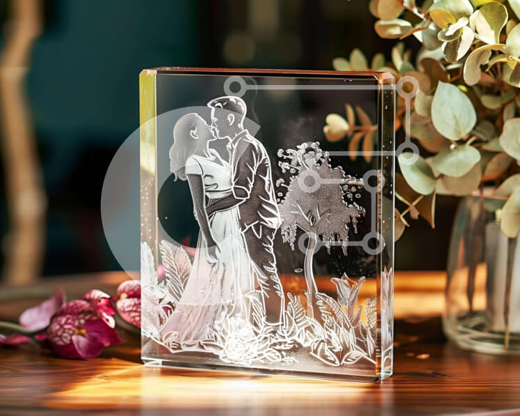 Intra Συλλεκτικό Ξύλινο Παζλ Plywood  4mm - Γυάλινο γλυπτό ρομαντικού ζευγαριού σε περιβάλλον Woodland Σε Ξύλινο Κουτί - Διαστάσεις Puzzle: 10x10 cm – 25 κομμάτια